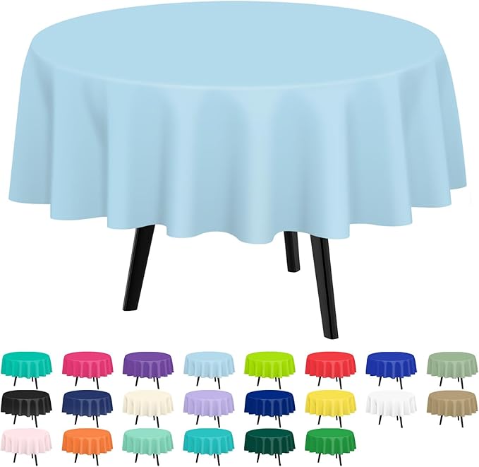 QIKSION Light Blue Round Tablecloth 3 Pack, 84 Inch Plastic Table Cover Disposable for Parties