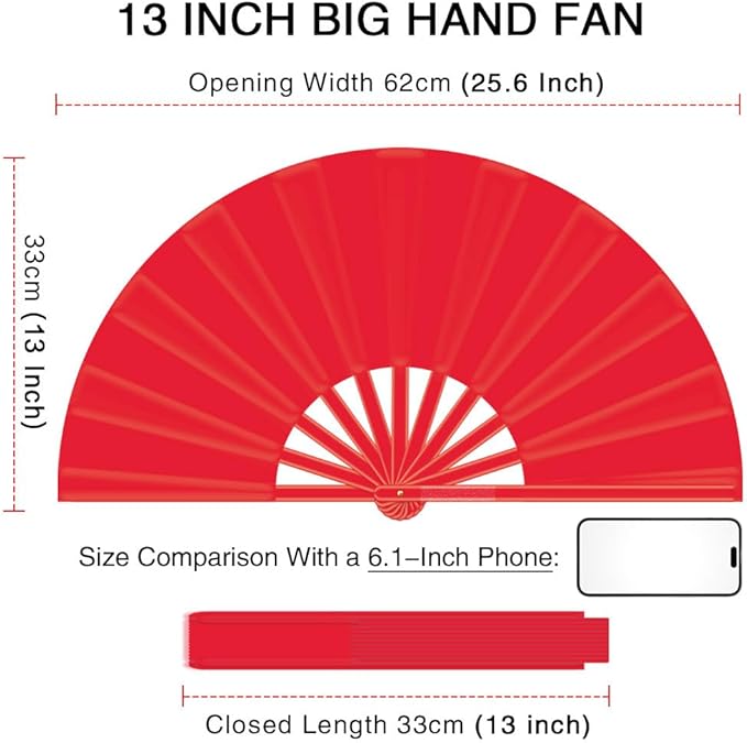 13" Large Folding Rave Fan with Holster, Clack Hand Fans Foldable for Line Dancing, Boots On The Ground Fan for Women Men Festival EDM Party Decoration, Red 2 Pack