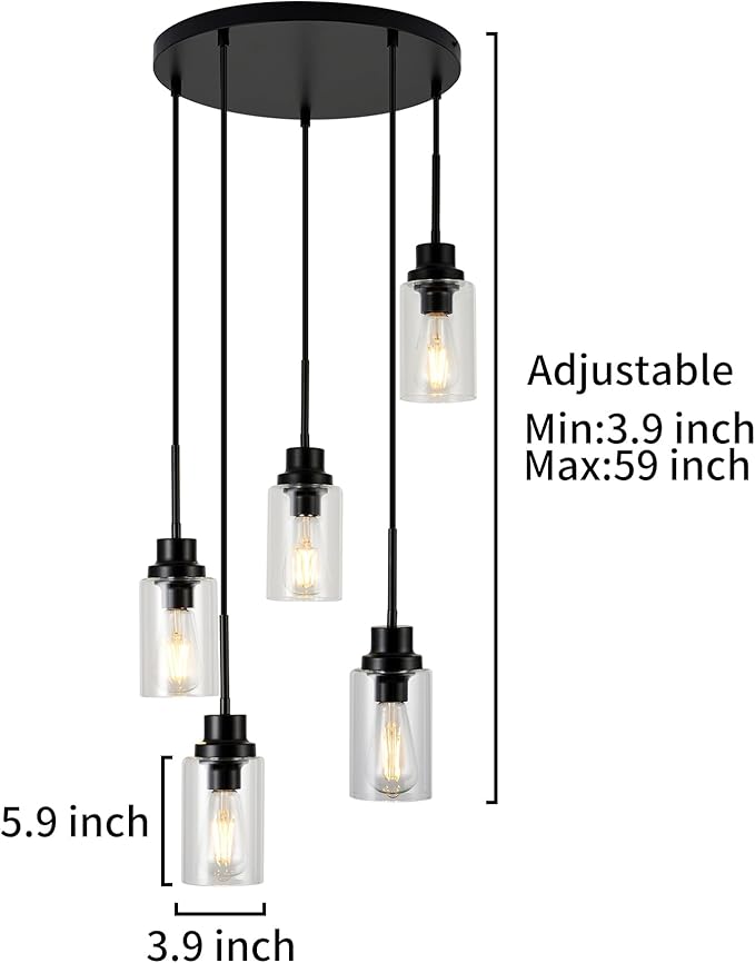5-Light Kitchen Island Dimmable Pendant Lights with Clear Glass Shade, Black Finish for Dinning Room, Living Room, Kitchen Island
