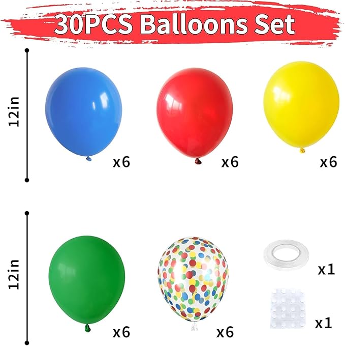 Red Yellow Blue Balloons, Rainbow Assorted Latex Balloons, Red Blue Green Yellow with Colourful Confetti Balloon, for Birthday, Festival, Carnival Circus, Robot Blocks, Video Game Party Decor