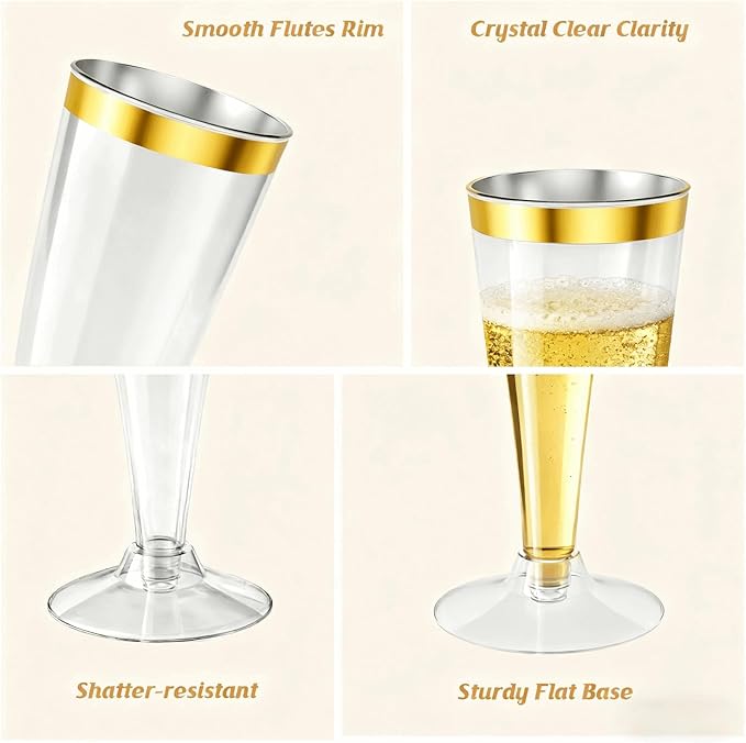 40 Pack Champagne Flutes Plastic Wine Glasses Disposable, 4.5 Oz Gold Rim Mimosa Glasses for 2025 Wedding Birthday Party Supplies, Bulk Toasting Cocktail Cups