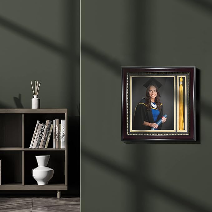 GraduationMall Graduation Photo Shadow Box Frame with Tassel Holder for 8x10 Pictures,Real Glass,Black Over Gold Double Mat,Wall & Tabletop Design