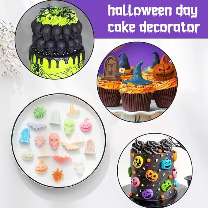 (2 Pack) Silicone Halloween Molds, 96-Cavity Pumpkin Ghost Wizard Hat Bat Spider Tombstone Skull Halloween Silicone Gummy Molds For Chocolate, Fondant, Cupcake Decoration, Biscut - Black&Gray