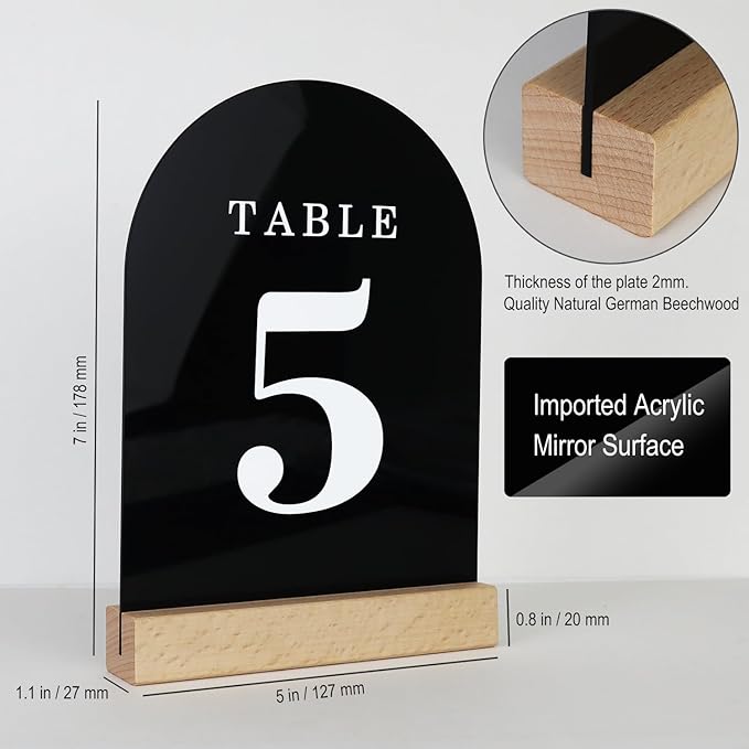 Wedding Table Numbers 1-20, Acrylic Arch Signs with Natural Wood Stands Holders, Rustic Table Decor for Reception & Parties (Black White)
