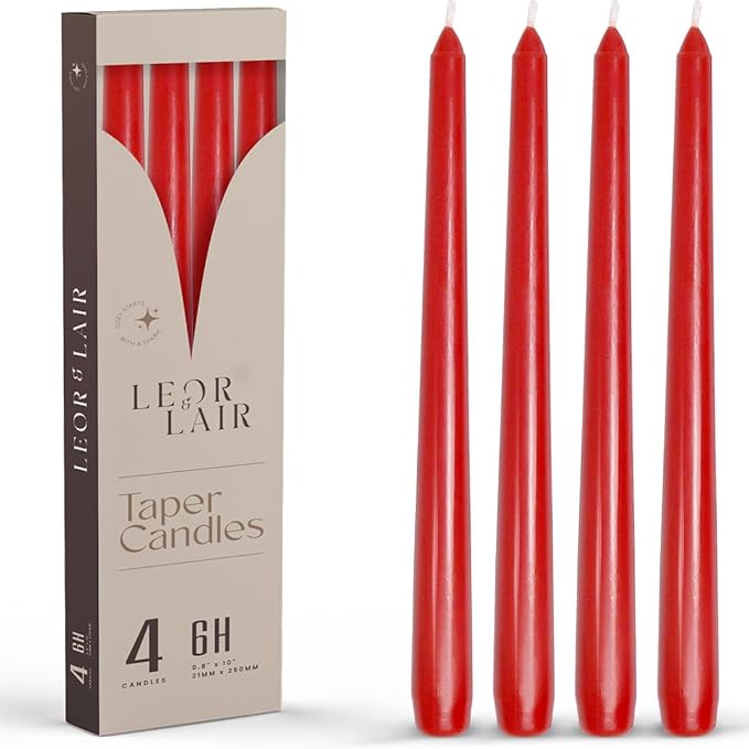 Leor & Lair Red Taper Candles - 4 Pack 10" Christmas Candlesticks - Unscented Long Burning Red Candles for Valentine’s Day, Christmas, Dinner Table, Weddings, Restaurants & Business Events