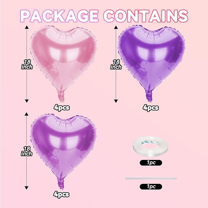 12 Pcs Heart Balloons, 18 inch Pink Purple Heart Shaped Balloon, Big Helium Foil Pink Purple Balloons for Wedding Baby Shower Anniversary Backdrop Valentine Women Girl Party Decoration