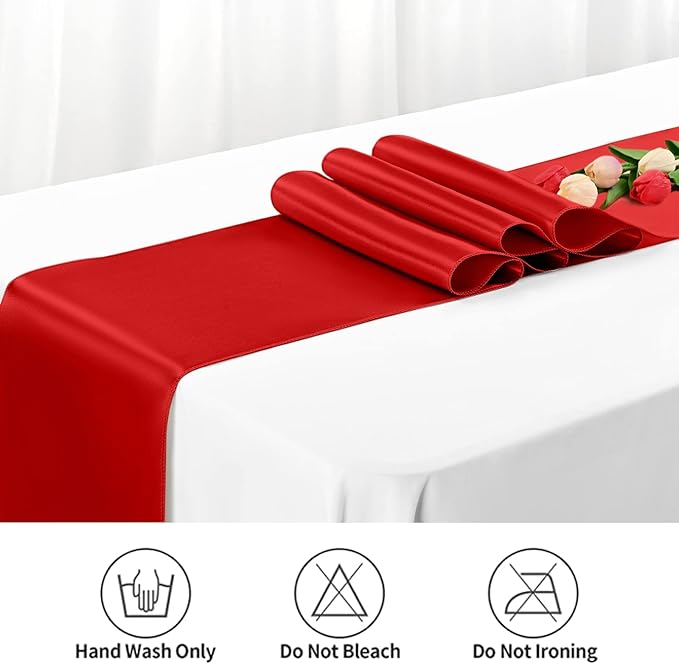 12 Pack Red Satin Table Runner,12 x 108 inch Long Premium Smooth Table Runner for Wedding, Banquets, Birthday, Party, Graduation, Engagements,Table Runners fit Rectangle and Round Table