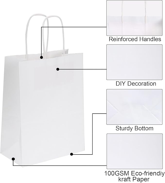 Joybe 100 Pack 6x3.25x8 Inch Small White Paper Bags with Handles Bulk, Kraft Paper Gift Bags for Birthday Party Favors Grocery Retail Shopping Business Goody Merchandise Craft Blank Sacks (100pcs)