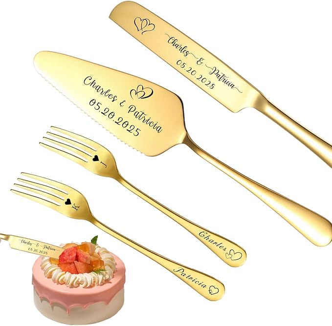 Custom Wedding Cake Knife and Server Set Personalized Cake Cutter with Engraved Text Bridal Cake Cutting Set with Gift Box for Weddings Anniversary Birthday (Gold - with fork)