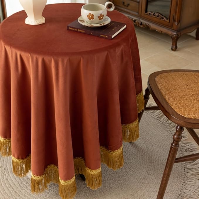 F-CHU Luxury Burnt Orange Tablecloth Thickset Velvet Tablecloth with Beautiful Gold Vintage Tassels Table Cloth for Home Decor Wedding, Party, Banquet and Events 60" Round