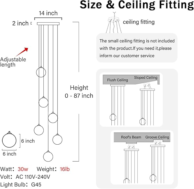 H 87in Globe Pendant Light 6-Lights Modern Hanging Chandelier for Kitchen Island Mid Century Globe Chandelier Milk White Glass Pendant Lighting for Living Room Bedroom Entryway