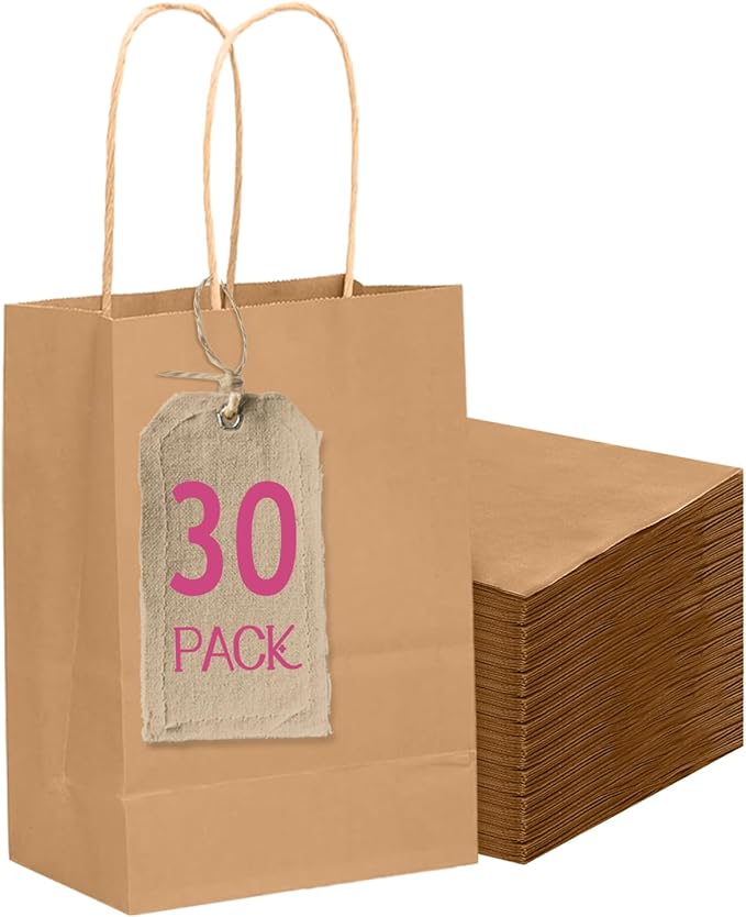 qiqee 30-Packs Brown Gift Bags with Handles Bulk 4.5"x2.5"x6" Mini Size Party Paper Bags