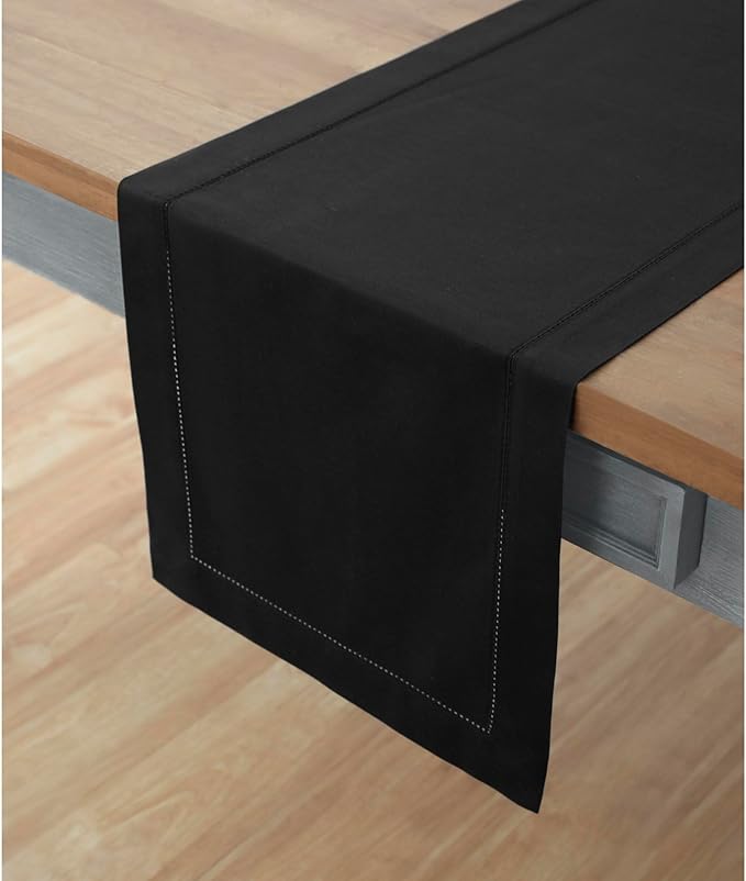 Solino Home Black Table Runner 108 Inches Long - Cotton Linen Hemstitch 14 x 108 Inch Table Runner for Dining, Fall, Autumn, Halloween, Thanksgiving, Holiday