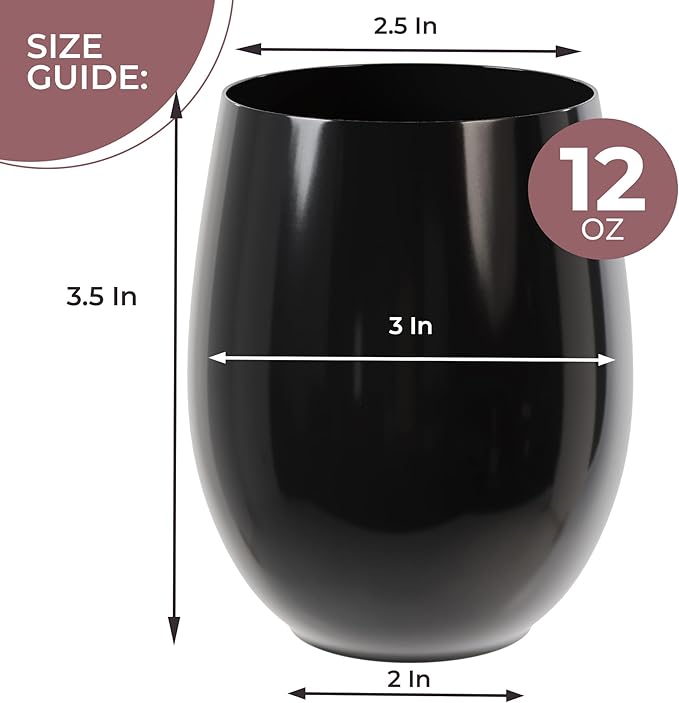 Exquisite 24 Pcs Unbreakable Stemless Plastic Wine Glasses Disposable Wine Glasses Stemless 12 Oz Black Plastic Cocktail Cups Black Party Cups Disposable Cocktail Glass Weddings & Events