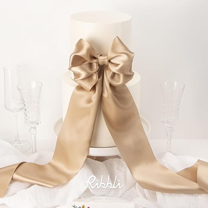 Ribbli Champagne Gold Satin Ribbon 4 Inch Wide Champagne Ribbon for Wedding Chair Sash Grand Opening Ceremony Big Bows Gift Wrapping Floral Crafts Cake Decor-Double Faced Satin Continuous 10 Yards