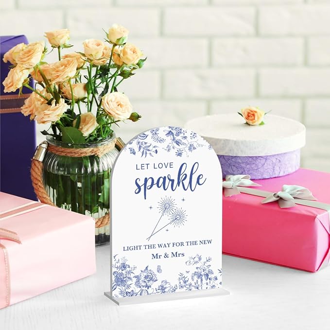 Acrylic Wedding Signs, Dusty Blue Wedding Decor, Blue Weddings Decor, Let Love Sparkle Signs for Reception, Modern Calligraphy Arch Acrylic Table Top Sign for Weddings Parties Dinners (White)