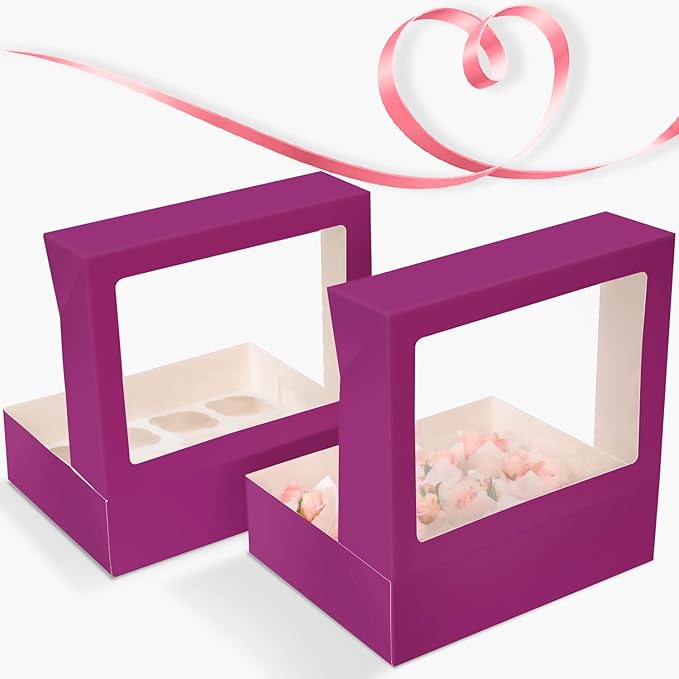 12 Cupcake Containers 10-Packs Deep Purple Cupcake Box Cupcakes Carrier, 12 Cupcake Boxes with Window 13"x10"x3.5"（Auto-pop up）