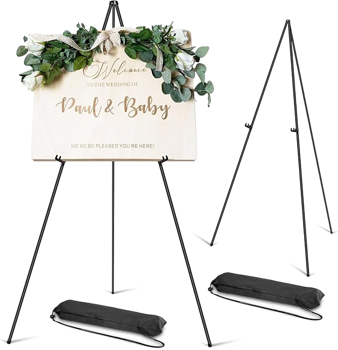 PUJIANG 2 Pack Easel Stand - 63" Folding Easels for Signs - Floor Easels for Display Pictures Wedding Sign, Art Easel for Painting,Welcome Sign Stand Tall Display Black Metal Easel with Bag