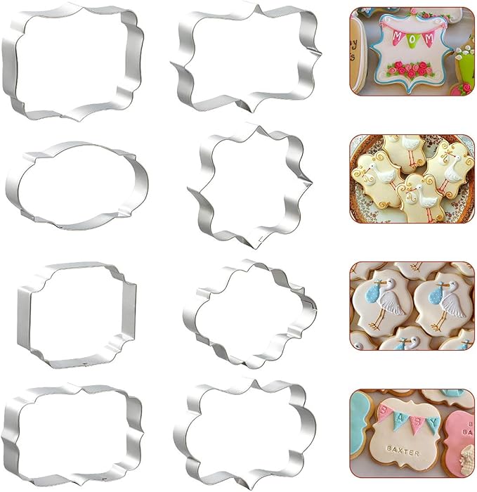 8 PCS Plaque Frame Cookie Cutters, Stainless Steel Plaque Plate Cookie Cutter Fondant Cake Decorating Tools for Birthday Wedding Baby Shower Christmas Cookies Fondant Decorations