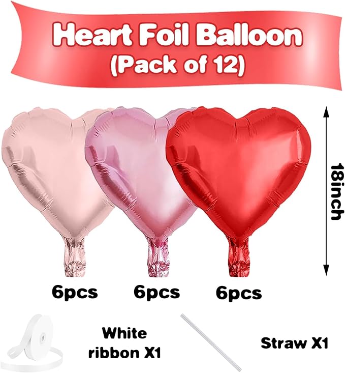 Pastel Pink Red Heart Balloons,12Pcs 18 Inch Baby Pink Foil Love Heart Shaped Balloons for Women Girl Valentines Day Birthday Wedding Engagement Anniversary Party Graduation Baby Shower Decorations