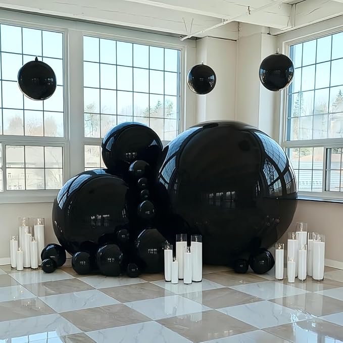 Inflatable Mirror Ball Set - Airtight PVC Spheres for Parties, Weddings, and Events. Perfect for Decoration, Hanging, and Displays. Includes Electric Pump (Black, 24in-2pk_32in_39in_47in_71")