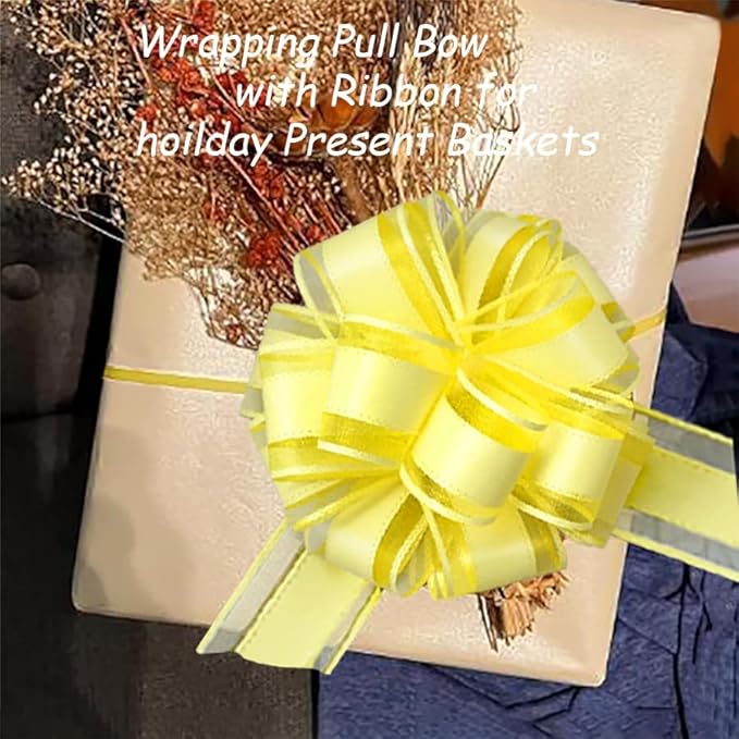 6 Pieces Large Pull Bows, 6 inches, Floral, Yellow, Organza, Wedding, Baby Shower, Bridal Shower, DECORATIVE RIBBON TRIM, 6 Count