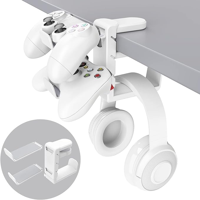 3-in-1 PC Gaming Headset&Controller Holder - EURPMASK Headphone Stand w/Adjustable Clamp&2 Controller Holder&Rotating Arm&Cable Organizer, Universal PC Gaming Accessory Controller Headset Stand-White