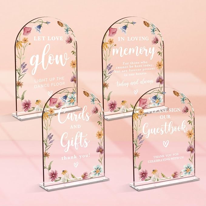 4 Pcs Acrylic Wedding Signs for Reception, Bridal Shower Decorations, Cards and Gifts Signs, Guest Book Sign, Arch Acrylic Table Top Sign with Holder for Wedding Reception (Clear Wildflowers)