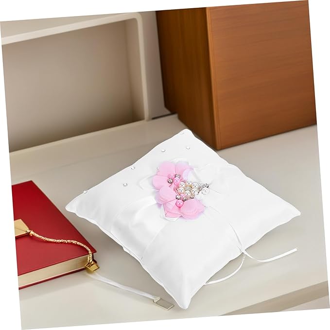 Floral Wedding Ring Bearer Pillow 20x20cm - Satin with Ribbon & Faux Pearls, Elegant Ceremony Decor for Bride and Flower Girl Accessories