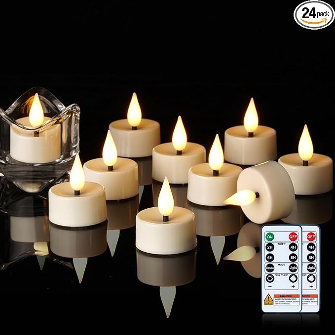 Amagic Flameless Timer Remote Tealights Candles, 3D Black Wick Flickering Tea Lights, 400+Hour White Votive Candles Battery Operated, Set of 24 for Wedding Table Decor, Halloween, Christmas, Holiday