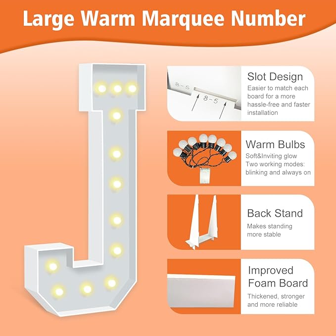 4FT Light Up Marquee Letters, 4 feet Tall Lighted Letters J, Mosaic Large Letter for Party Backdrop Decor, Mosaic Cardboard Letter for Weddings, Birthdays, Anniversaries, Easy to Assemble