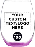Custom Stemless Wine Glass 9 oz. Set of 100, Personalized Bulk Pack - Great for Wedding Favors, Bachelorette Party Decorations, Party Favors, Color Bottom - Pink