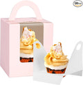 JCD Cupcake Boxes Carriers, 120pcs Pink Single Individual Cupcakes Box Holders Containers,3.7 * 3.7 * 4.3inch Cupcake Container Pastry with Insert Window & Handle for Parties (Pink/120Pcs)