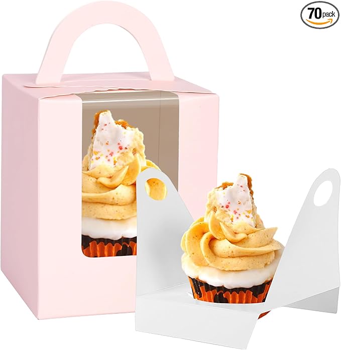 JCD Pink 70packs Cupcakes Containers with Insert Window and Handle,single Cupcake Holders box, Portable Cupcake Carriers for Bakery Wedding Party Favor(Pink/70Pcs)