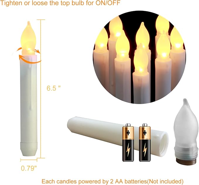 Amagic 12 Pcs Flameless LED Taper Candles, No Remote, Magical Hanging Floating Candles, Battery Operated Candlesticks, Electric Fake Candles Flickering 6.5" for Halloween Party Church Christmas Decor