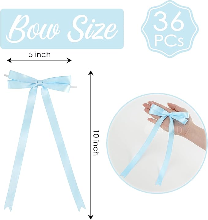 AIMUDI Baby Blue Bows 5 × 10" Satin Bows for Gift Wrapping Twist Tie Bows Premade Ribbon Bows for Bouquets Invitations Baskets Crafts Wreaths Wedding Birthday Baby Shower Party Decorations, 36 PCs