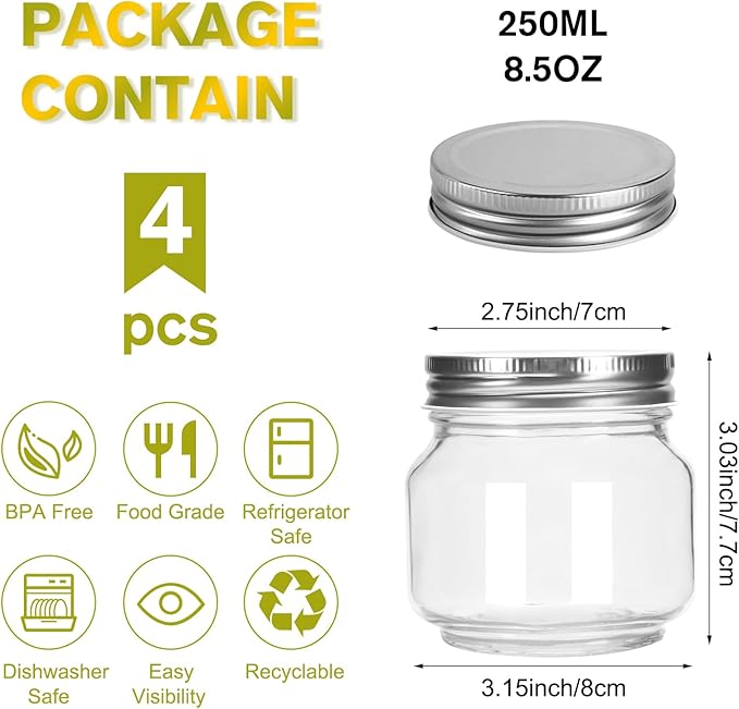 Glass Mason Jars, 4 Pack 8.5oz Clear Glass Regular Mouth Canning Jars with Lids for Sealing, Ideal for Food Storage, Snacks, Candies, Jam, Honey, Wedding Favors, Shower Favors, DIY Projects