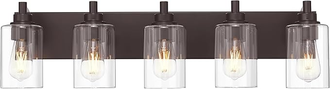 5-Light Bathroom Light Fixtures, 30 Inch Oil Rubbed Bronze Vanity Lights with Cylinder Clear Glass Shade, Modern Vanity Lighting Fixtures Over Mirror, VL143-ORB-5
