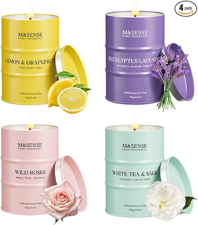 Fall Candles Set | Mini Scented Candles Gift Set | 4 Pack Candles for Home Scented Candle,Citrus Lemon Lavender Rose Sage Candle,Gift Set for Women and Men,Soy Wax 14 oz 86 Hour