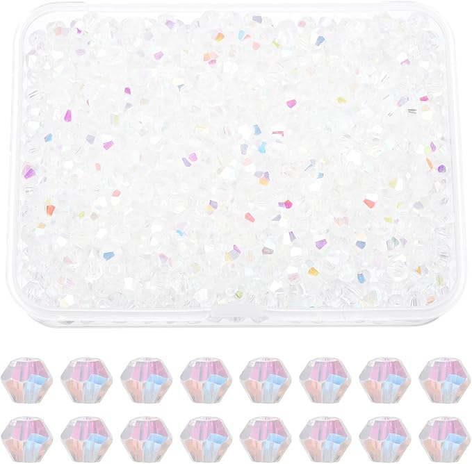 PATIKIL 1000pcs 4mm Bicone Glass Crystal Beads, Faceted Glass Spacer Beads with Box for Jewelry Making Bracelet Necklace Earrings DIY Suncatcher Craft, White AB