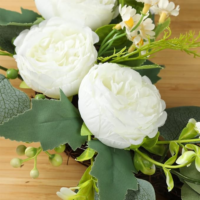 H&W 2pcs Artificial Wedding Arch Flowers for Wedding Sign, Floral Swag Dusty Decor for Reception Ceremony Backdrop(Willow Leaves-Peony-White)