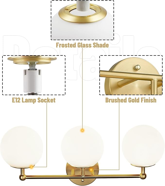 Gold Vanity Light for Bathroom, Modern Bathroom Light Fixtures Over Mirror Brushed Gold Vanity Lights 3-Light Wall Sconce with Milky Glass Globe Shade for Mirror Living Room Bedroom Hallway