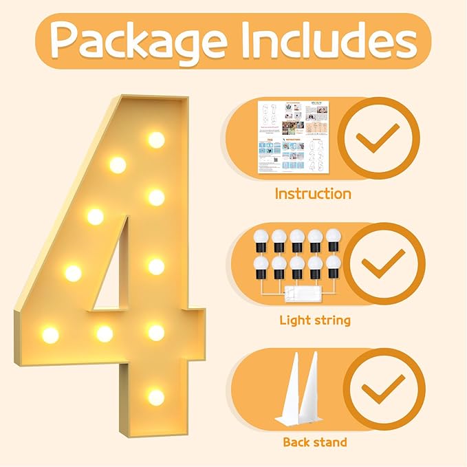 Marquee Numbers 4 Feet Tall Large Light Up Numbers 4th 14th 24th Four Ever Sweet Birthday Decorations Girl Boy Big Yellow Light Outdoor Anniversary Decorations Balloon Arch Kit Party Backdrop 4