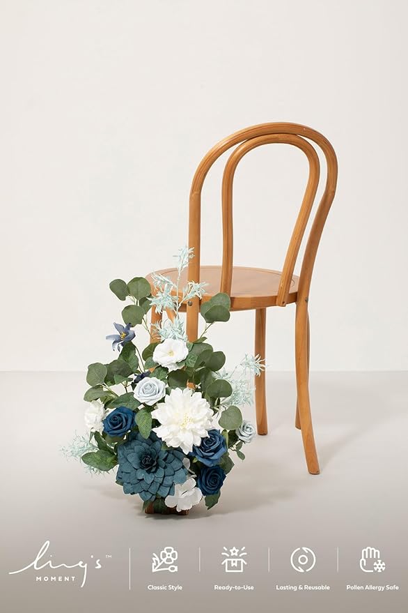 Ling's Moment 17.5" Tall Standing Artificial Flowers Arrangements 4 pcs Wedding Aisle Runner Chair Decorations Dusty Blue Navy Centerpieces for Ceremony Reception Rose Floral Party Outdoor