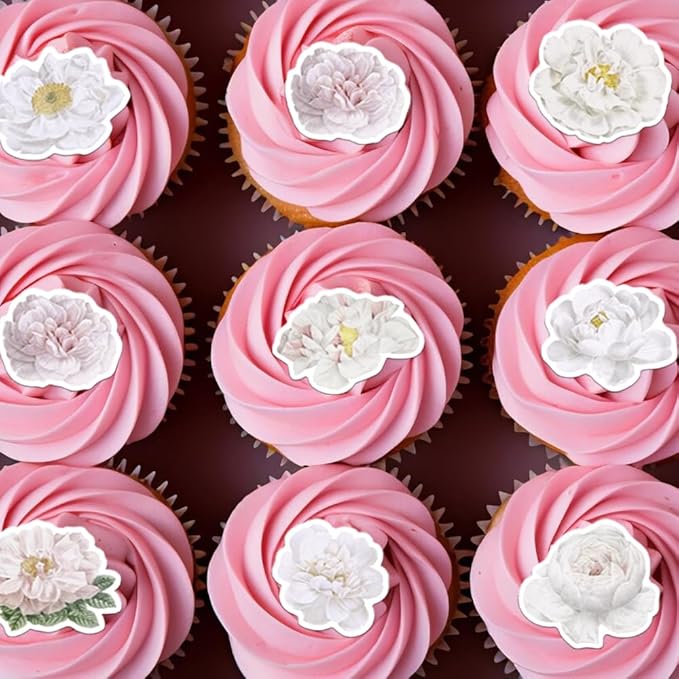 48PCS Edible Rose Flowers Cupcake Toppers Edible White Rose Flowers Cupcake Decor Wafer Paper Wedding Flowers Cupcake Picks for Flowers Theme Engagement Birthday Party Decor Supplies