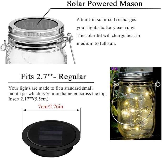 6 Pack Mason Jar Lights, 10 LED Solar Warm White Fairy String Lights Lids Insert for Garden Deck Patio Party Wedding Christmas Decorative Lighting Fit for Regular Mouth Jars