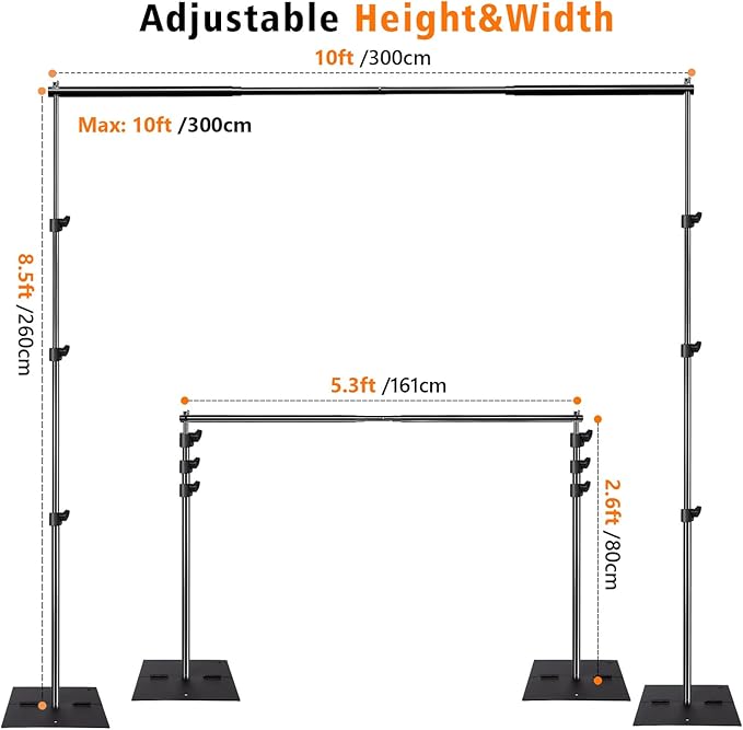 Pipe and Drape Photography Backdrop Stand Kit Adjustable Photo Background Stand 10ft x 8.5ft with Metal Base for Parties Weddings Birthday Party Events Photo Booth with 4 Clamps,Carrying Bag.