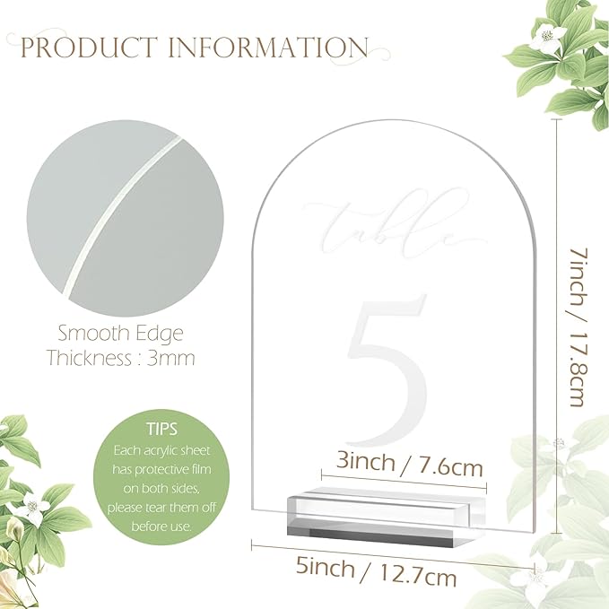 JINMURY Frosted Arch Table Numbers for Wedding, 5x7 Inch Arched Acrylic Table Numbers 1-20 with Stands, Frosted Acrylic Arch Sign with Holder for Centerpiece, Reception, Wedding, Party, Event