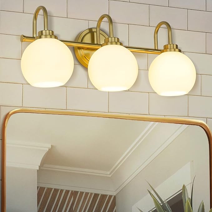 Gold Bathroom Light Fixtures, 3 Light Gold Modern Bathroom Light Fixtures Over Mirror with White Milk White Globe Glass Shade for Bathroom