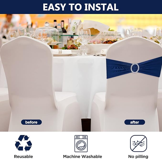 CHENGU 150 Pieces Spandex Stretch Chair Sashes Bows Elastic Chair Cover Bands Ties with Buckle Slider for Wedding Party Reception Events Universal Ceremony Banquet Decorations (Dark Blue)